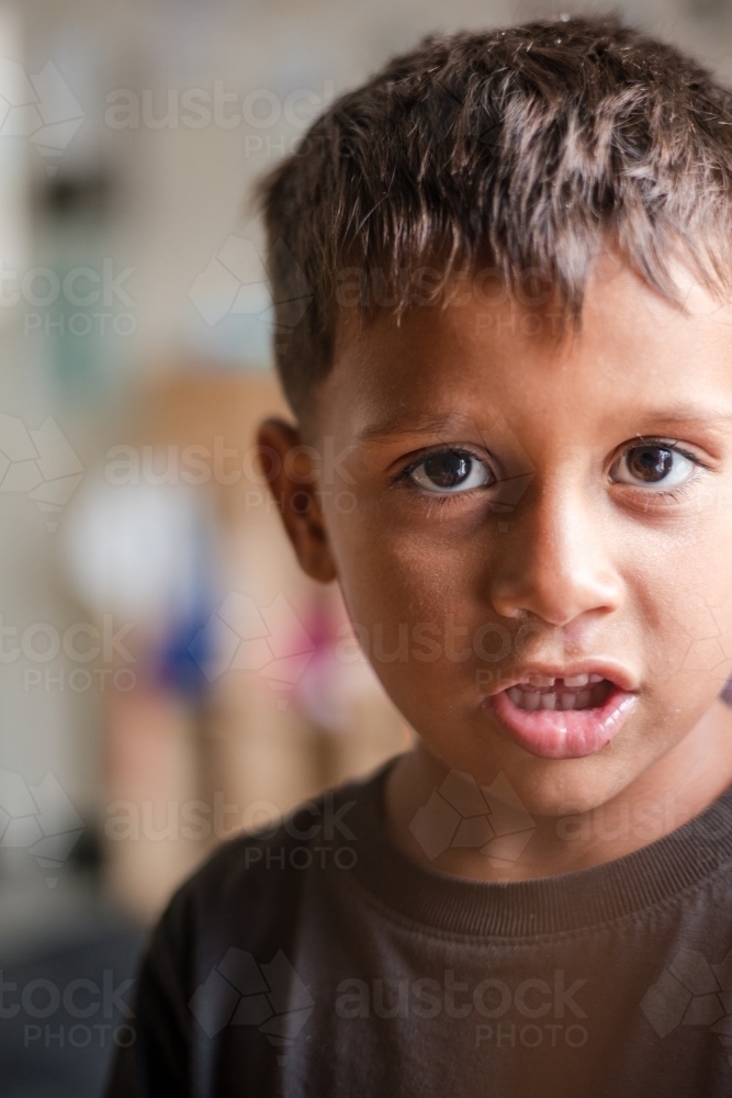 Portrait of young Aboriginal boy - Australian Stock Image