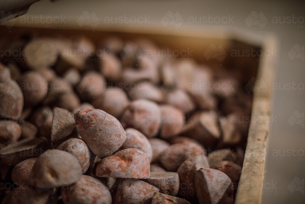 Potatoes in large wooden crate in factory - Australian Stock Image