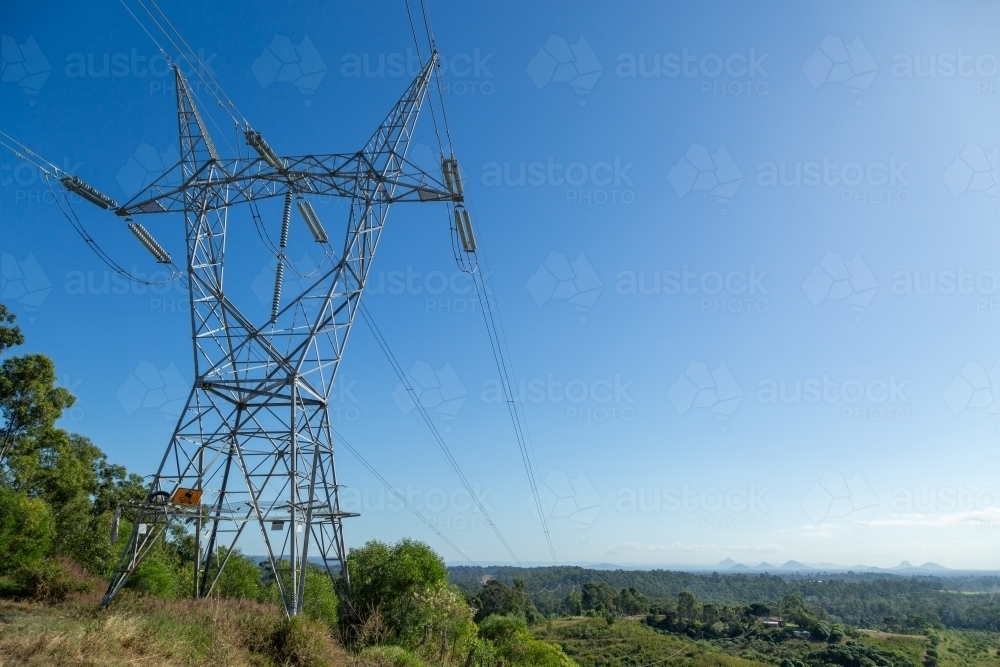 Power lines and power poles with high voltage electricity - Australian Stock Image