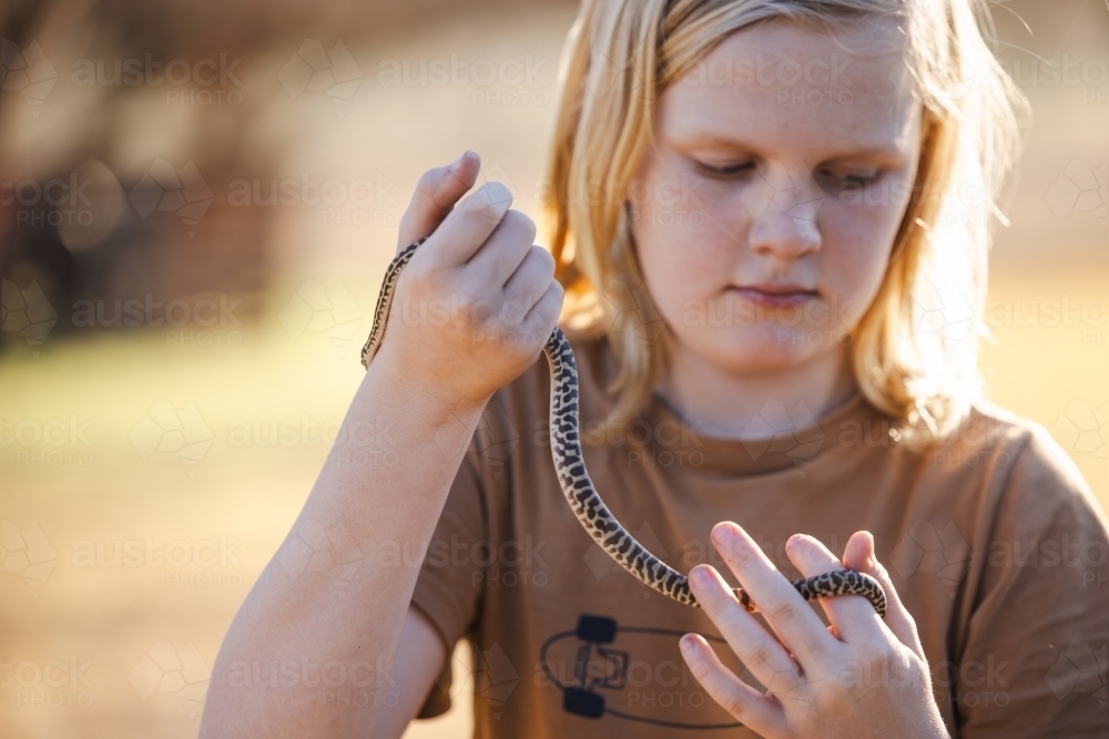 Pre-teen adolescent boy holding pet children's python snake - Australian Stock Image