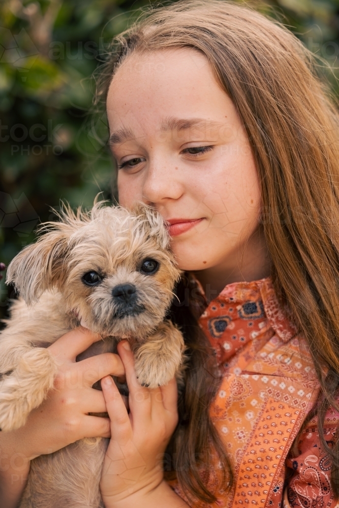 Pre-teen girl snuggling little dog - Australian Stock Image