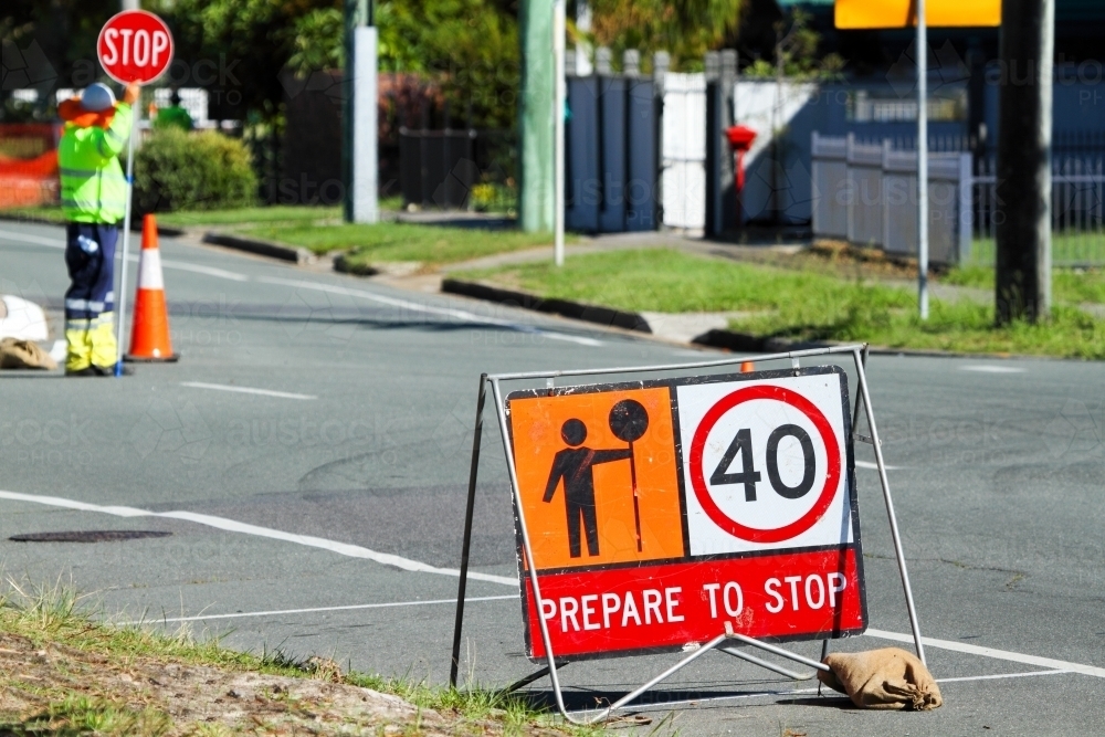 Prepare to stop at roadworks. - Australian Stock Image