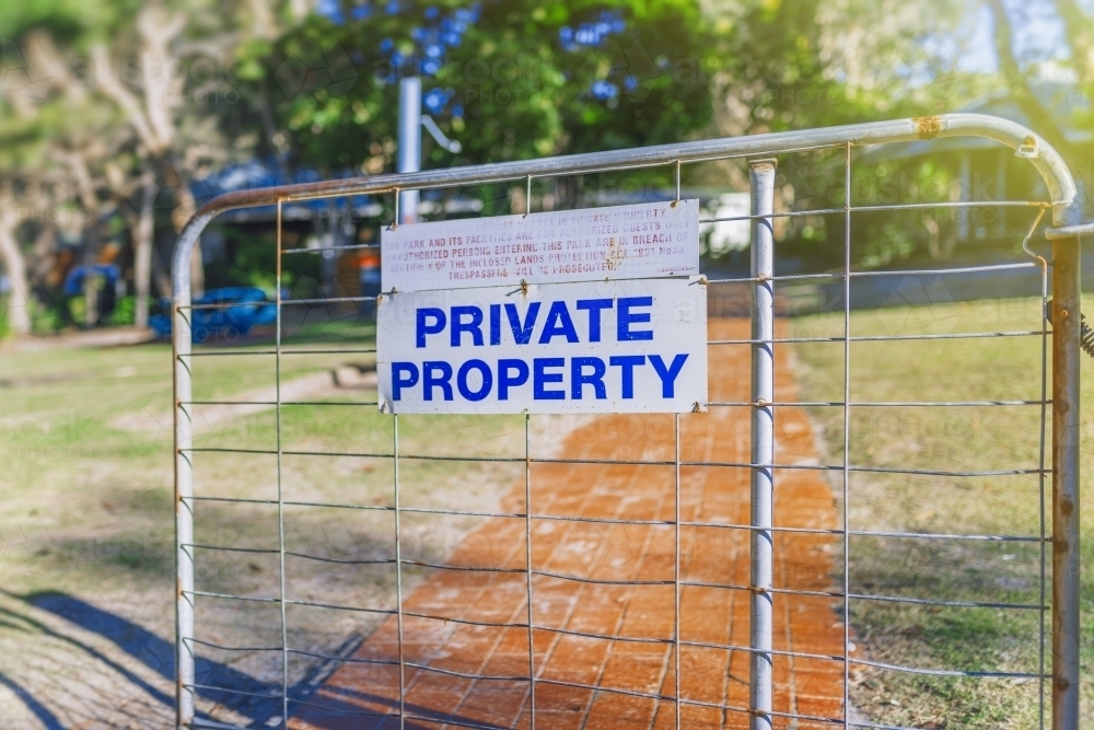 Private property sign on gate - Australian Stock Image