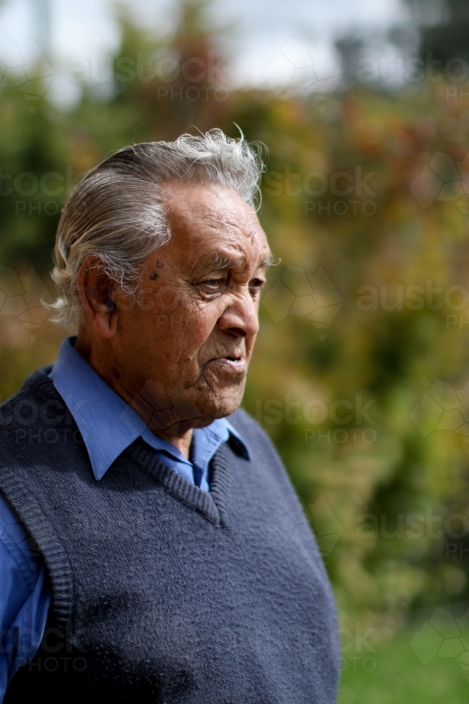 Profile of male Aboriginal elder in the sunlight with greenery in the background - Australian Stock Image