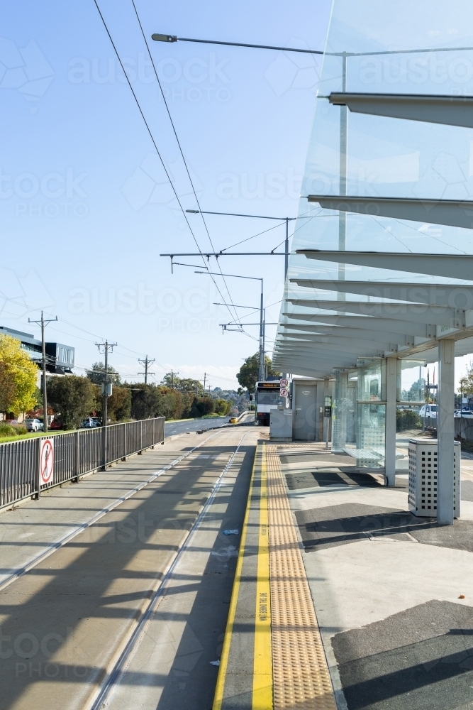 Public transport tram leaving platform of station in Vermont South Melbourne suburb - Australian Stock Image