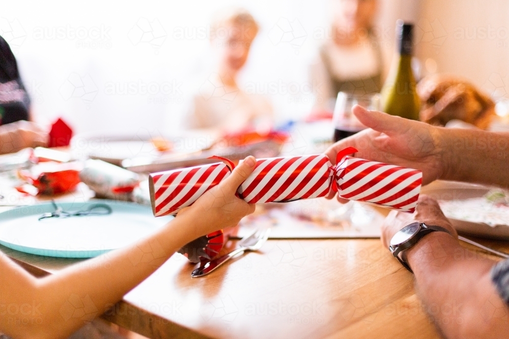 red and white Christmas cracker bon bon with child and adult hands - Australian Stock Image