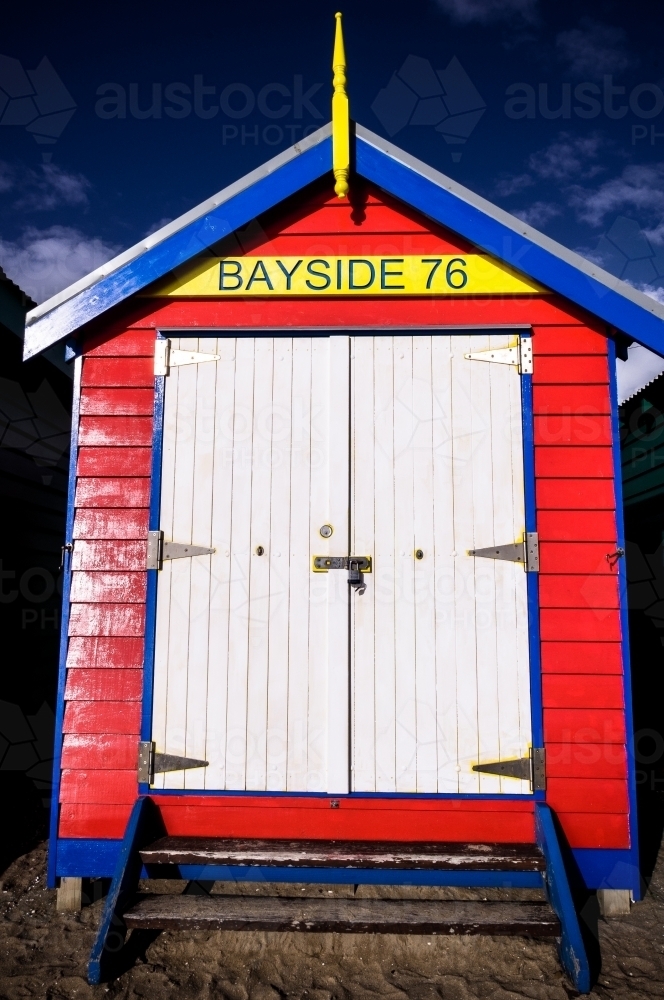 Red Bayside Beach Box Brighton, Melbourne, Victoria - Australian Stock Image