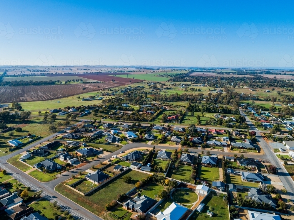 Residential townscape of country town in morning light with wide empty streets - Australian Stock Image