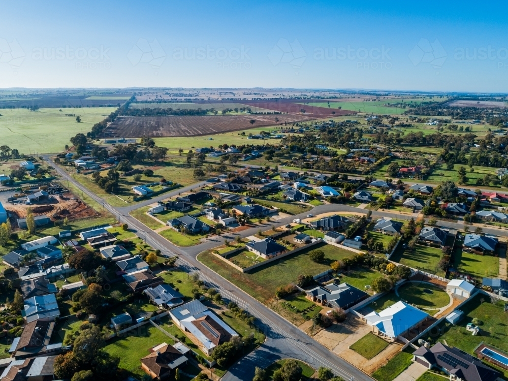 Residential townscape of country town in morning light with wide empty streets - Australian Stock Image