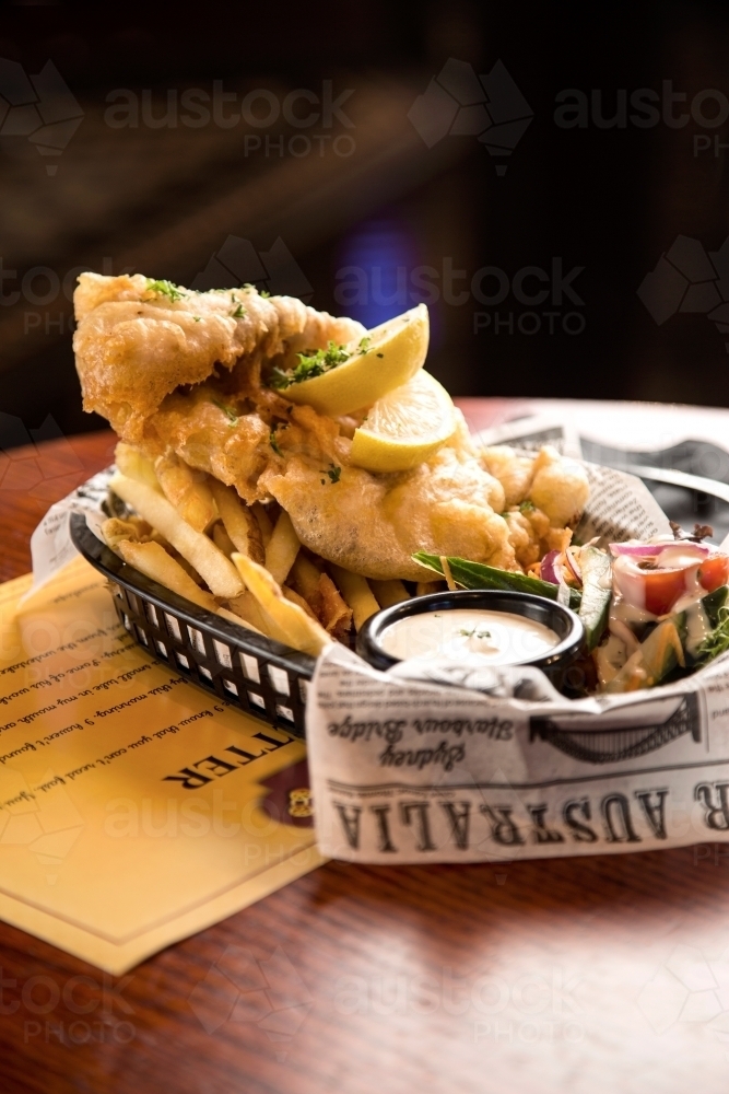 Restaurant meal of fish and chips - Australian Stock Image