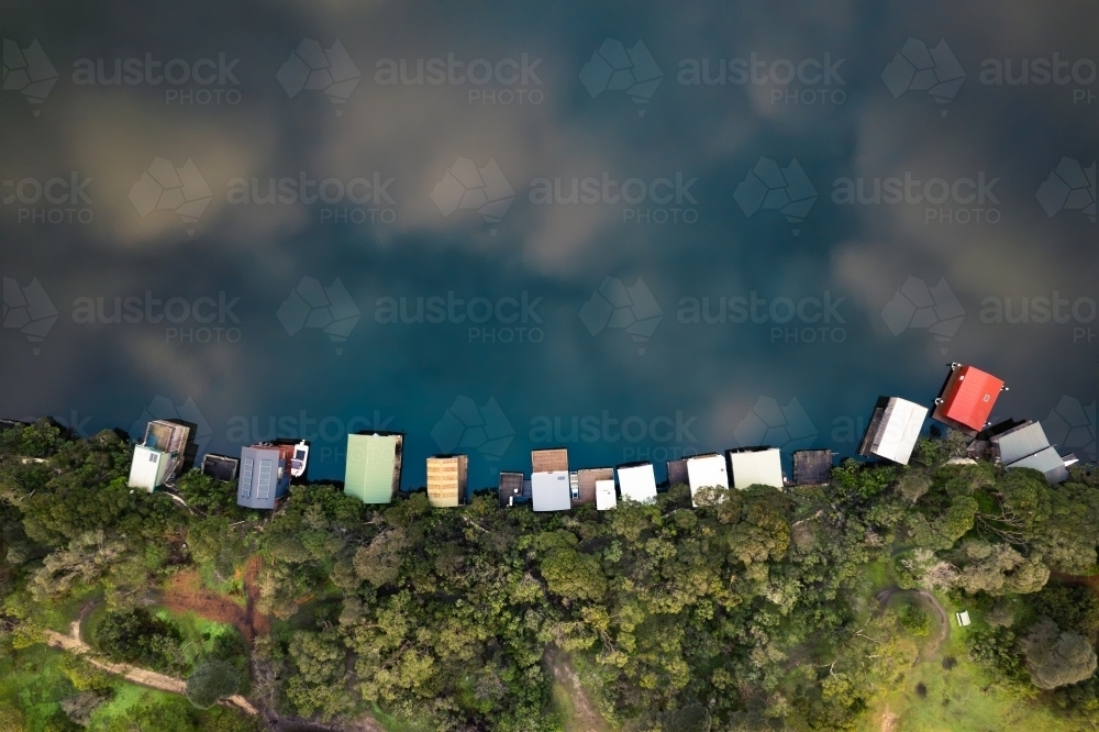 River Shacks on Glenelg River From Above - Australian Stock Image