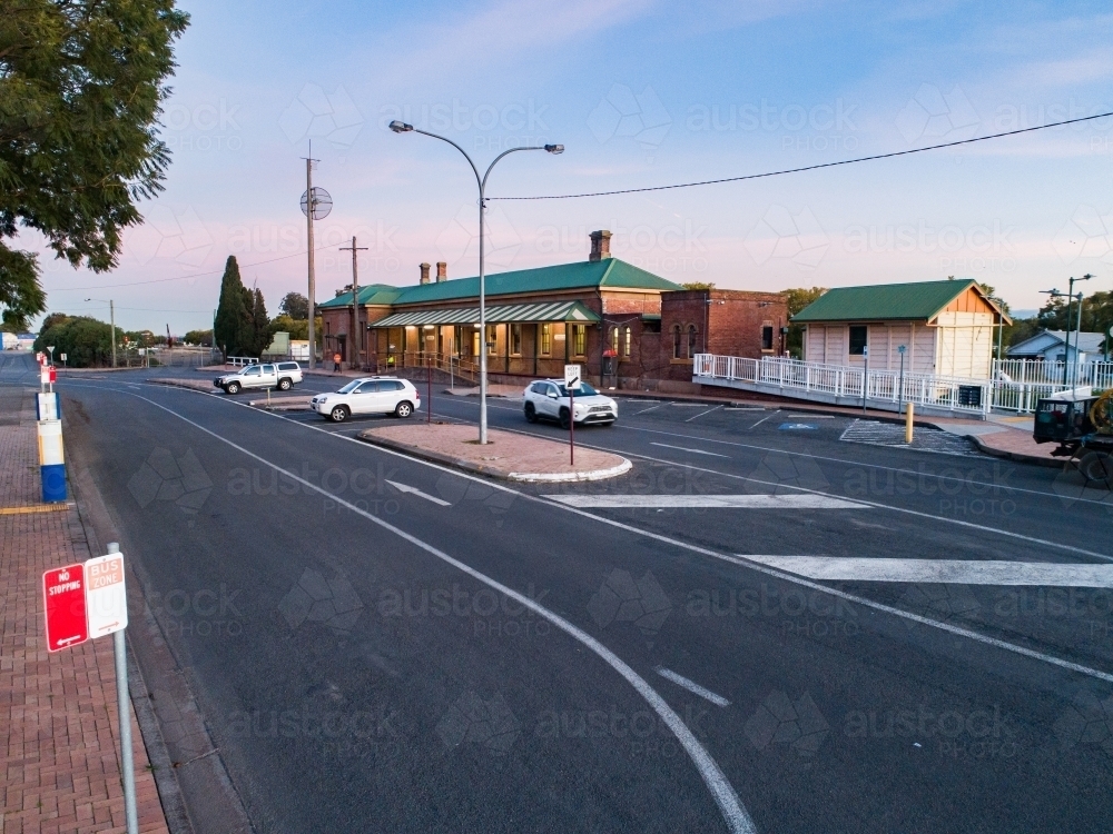 Road, bus stop and train station showing public transport infrastructure - Australian Stock Image