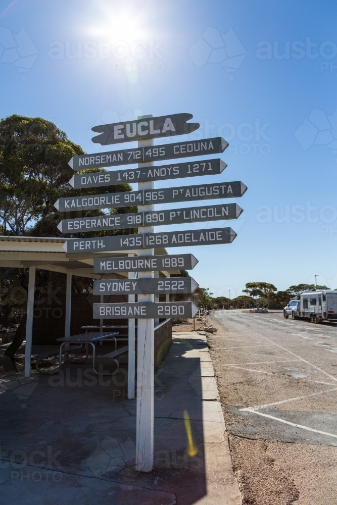 Road sign showing distances from Eucla - Australian Stock Image