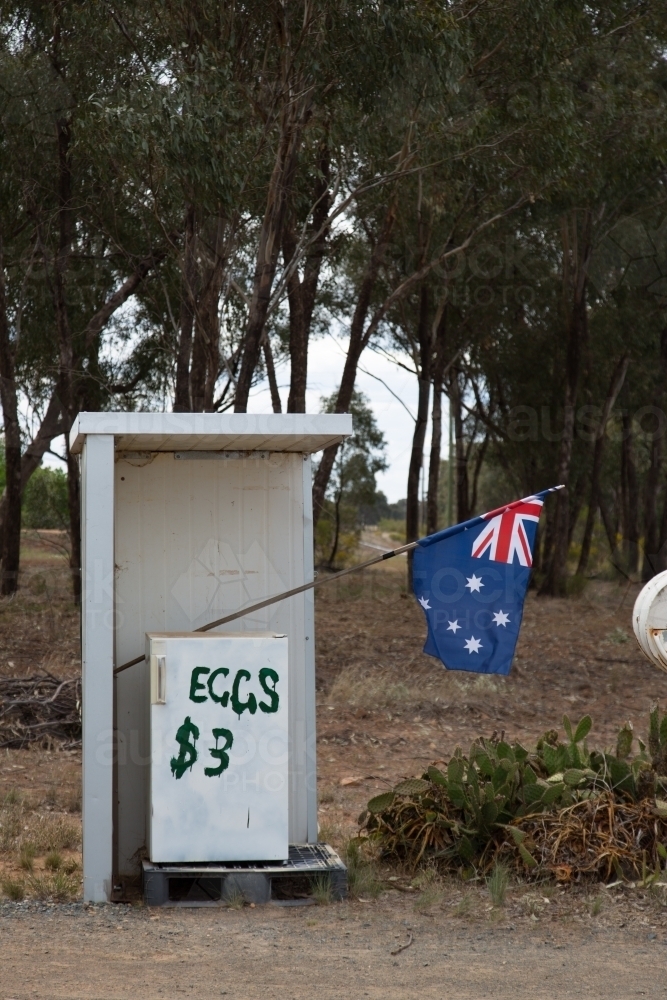 Roadside egg stall and australian flag - Australian Stock Image