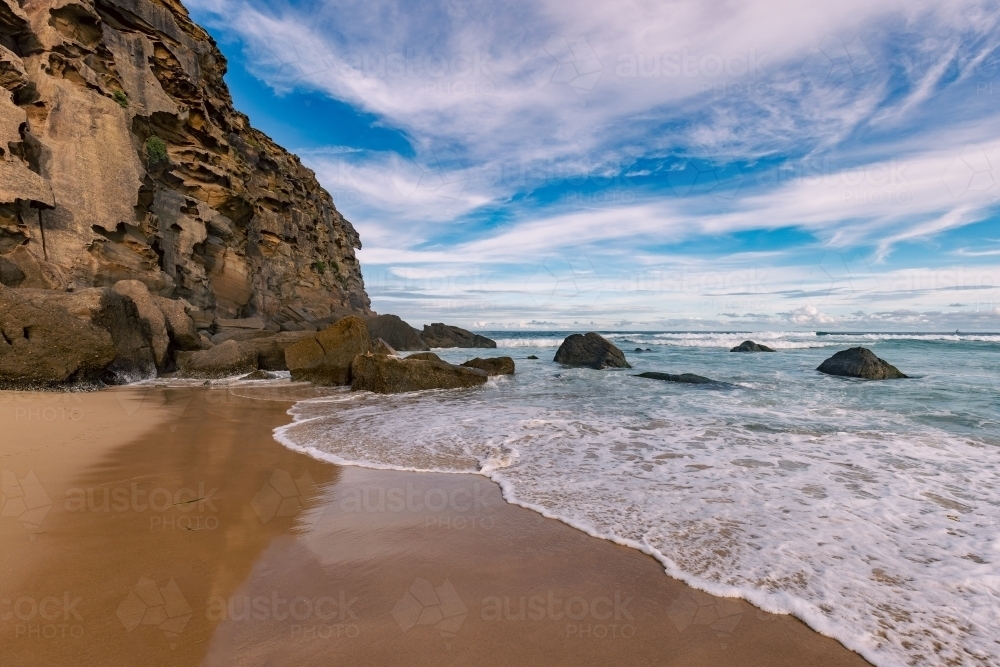 Rocky cliff at Redhead Beach near Newcastle, NSW - Australian Stock Image