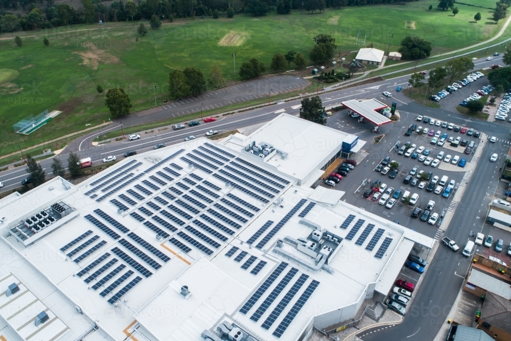 Roof of shopping center covered in solar panels - Australian Stock Image