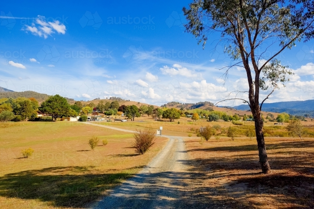 Rough country road on a valley covered by trees and dry grass - Australian Stock Image