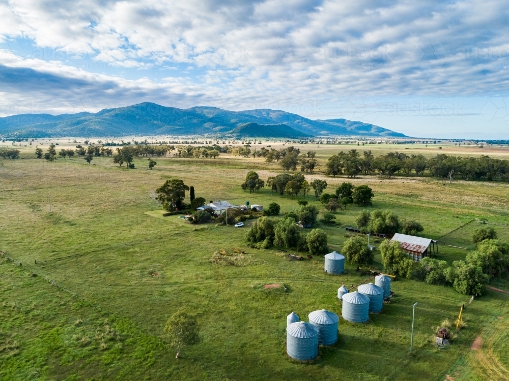 Row of silos on country farm with homestead and hayshed behind in green paddocks,  hills on horizon - Australian Stock Image