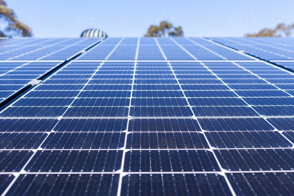 Rows of blue solar panels up to sky on roof of home - Australian Stock Image