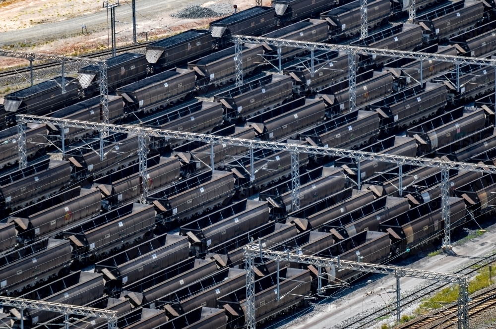 Rows of coal carrier train wagons - Australian Stock Image