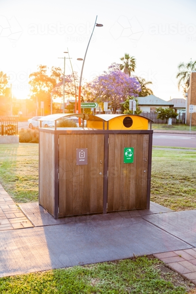 Rubbish and recycling bins in public park - Australian Stock Image