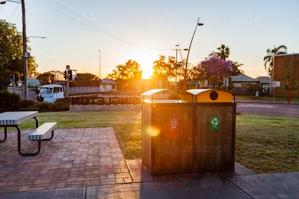 Rubbish and recycling bins in public park - Australian Stock Image