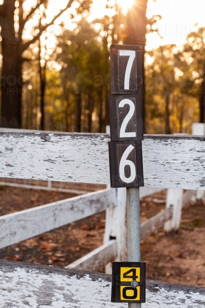 Rural number posts with address 726 - Rural address numbering 7260m from the start of the road - Australian Stock Image