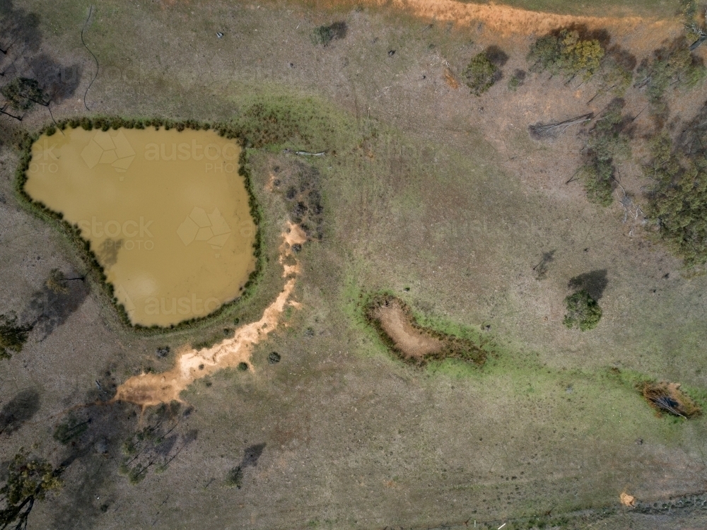 Rural paddock with large dam full of muddy water and small dry empty dam - Australian Stock Image