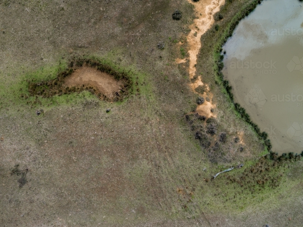 Rural paddock with large dam full of muddy water and small dry empty dam - Australian Stock Image