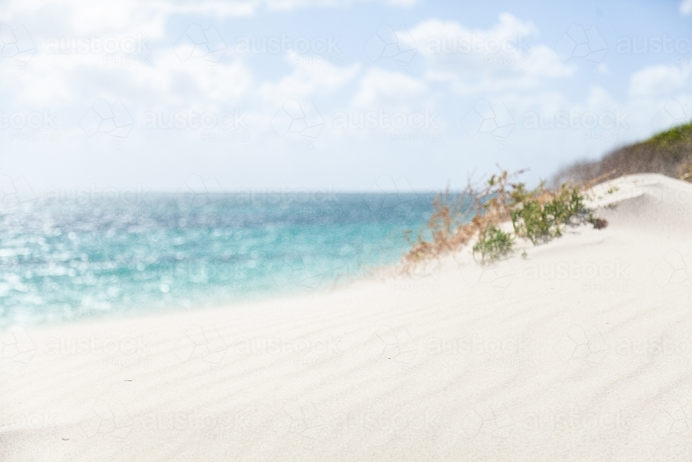 Sand blowing off the tops of a sand dune in the coastal wind - Australian Stock Image