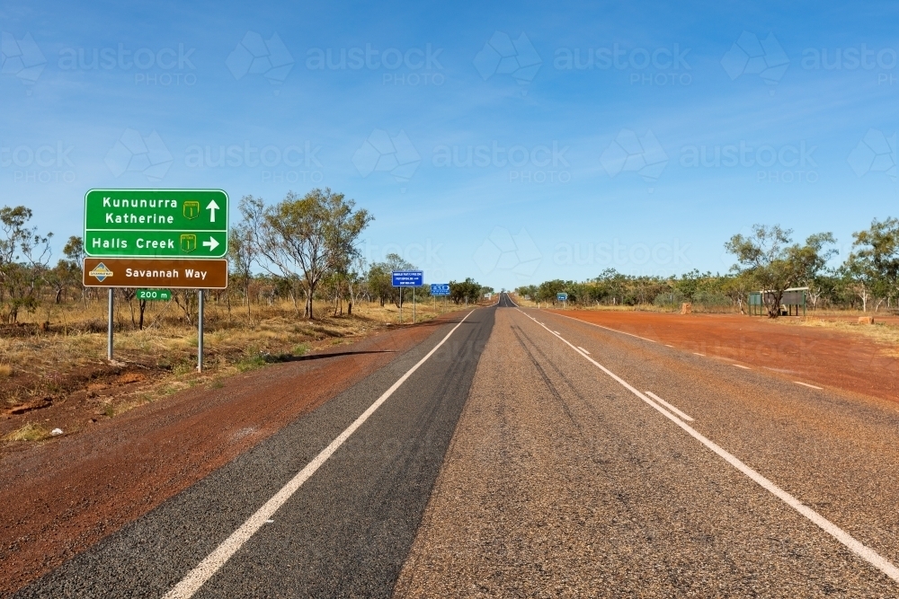 Savannah Way road signs with directions to Kununurra, Katherine and Halls Creek - Australian Stock Image