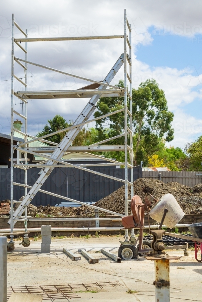 Scaffolding and construction equipment at a building site - Australian Stock Image