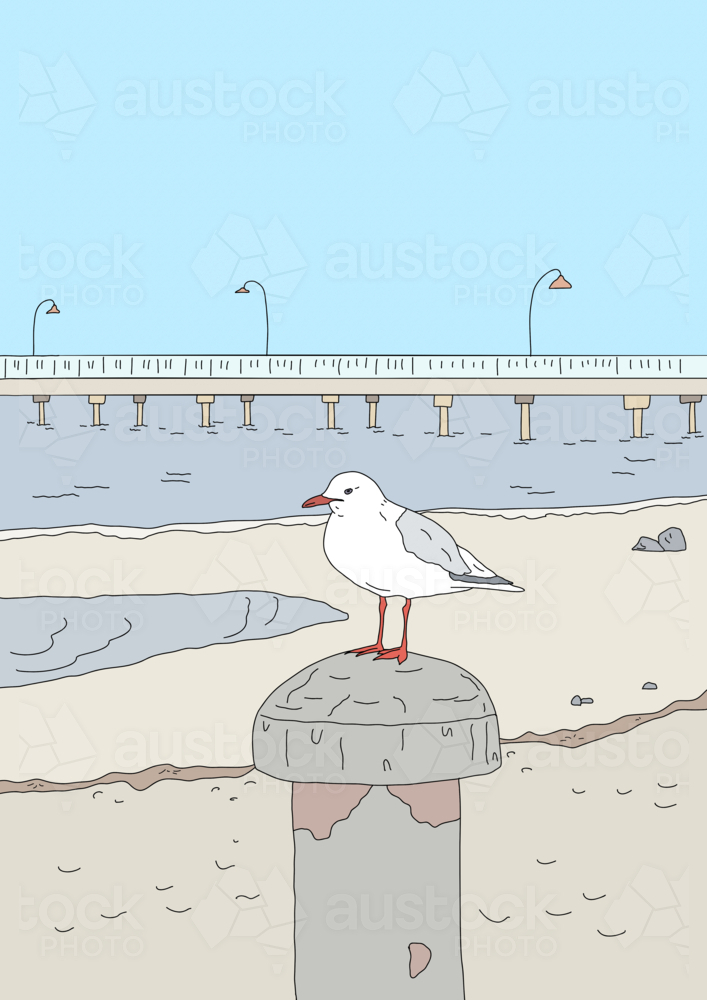Seagull perched on bollard with beach sand, ocean, jetty and blue sky in background - Australian Stock Image