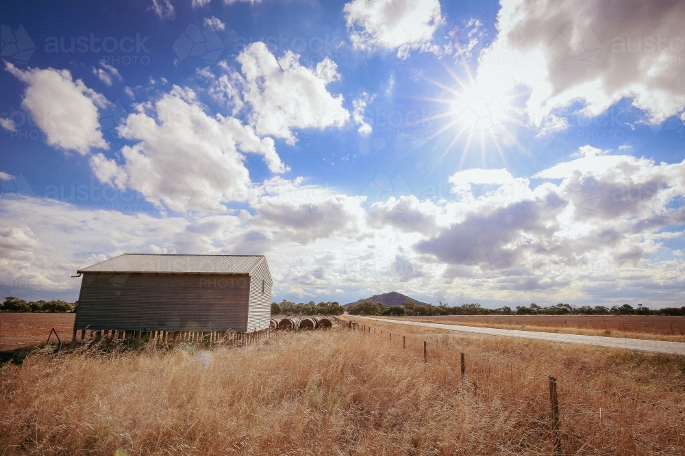 Shearing shed on country property surrounded by long dry grass under a cloudy sky - Australian Stock Image