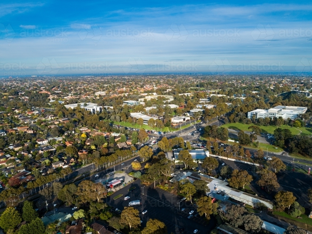 Shopping centre carpark and houses of Vermont South suburb of Melbourne - Australian Stock Image