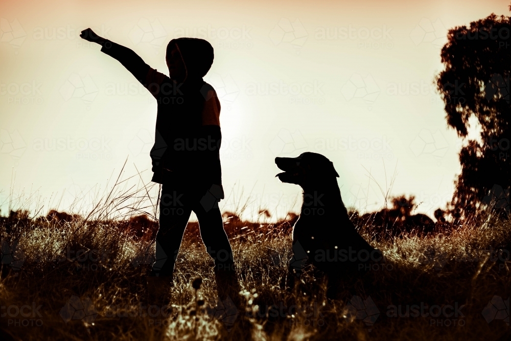 Silhouette of boy and dog - Australian Stock Image