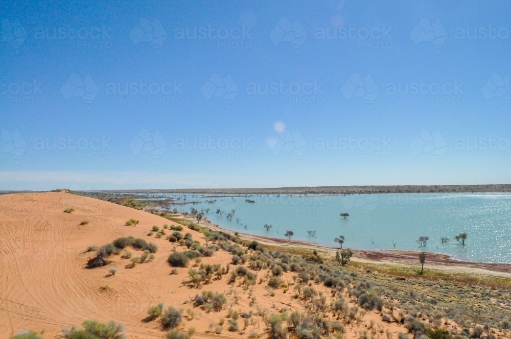 Simpson Desert in Flood, sand dune and water - Australian Stock Image