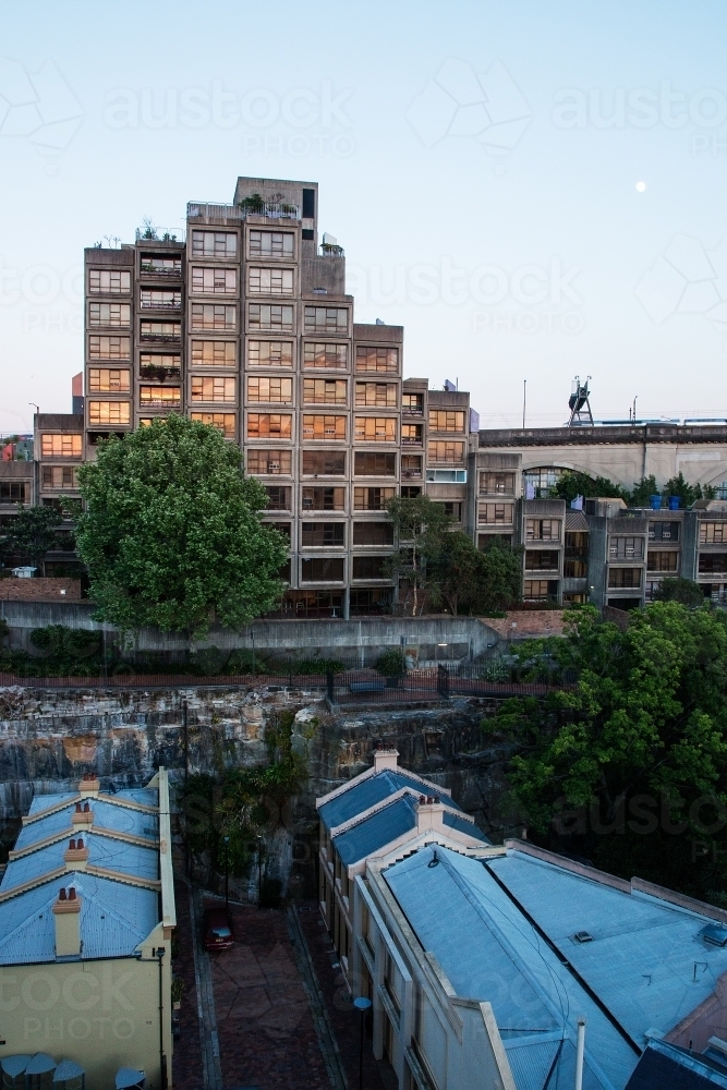 Sirius building with sunrise reflected in windows - Australian Stock Image