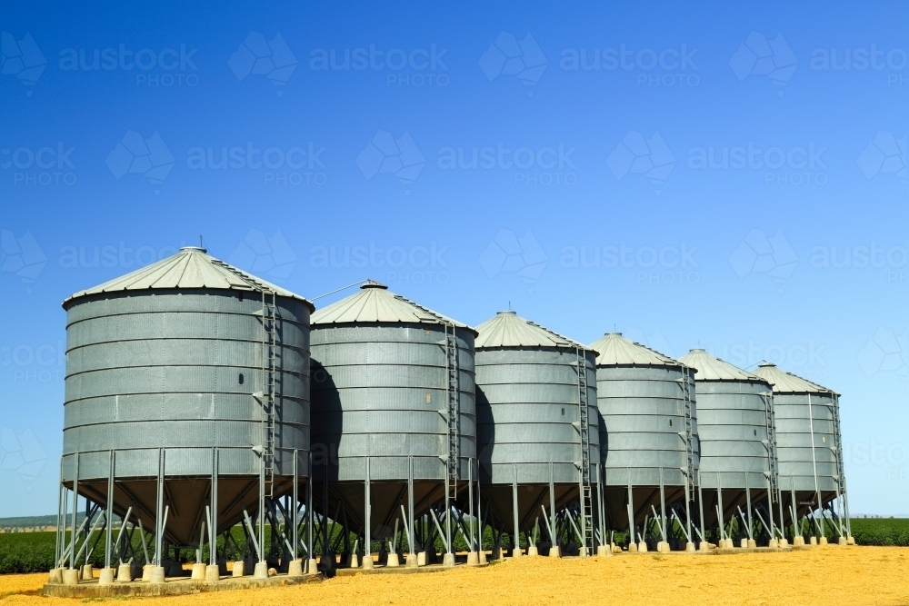 Six grain silos side by side on a farm near Breeza on the Liverpool Plains - Australian Stock Image