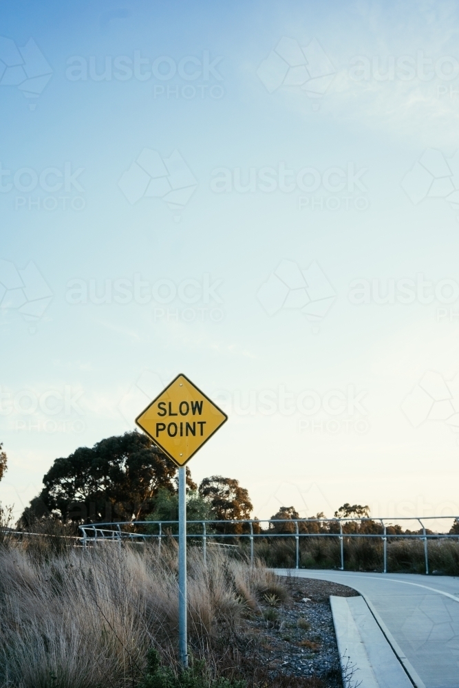 Slow Point bike shared path sign portrait - bicycle path sign - Australian Stock Image