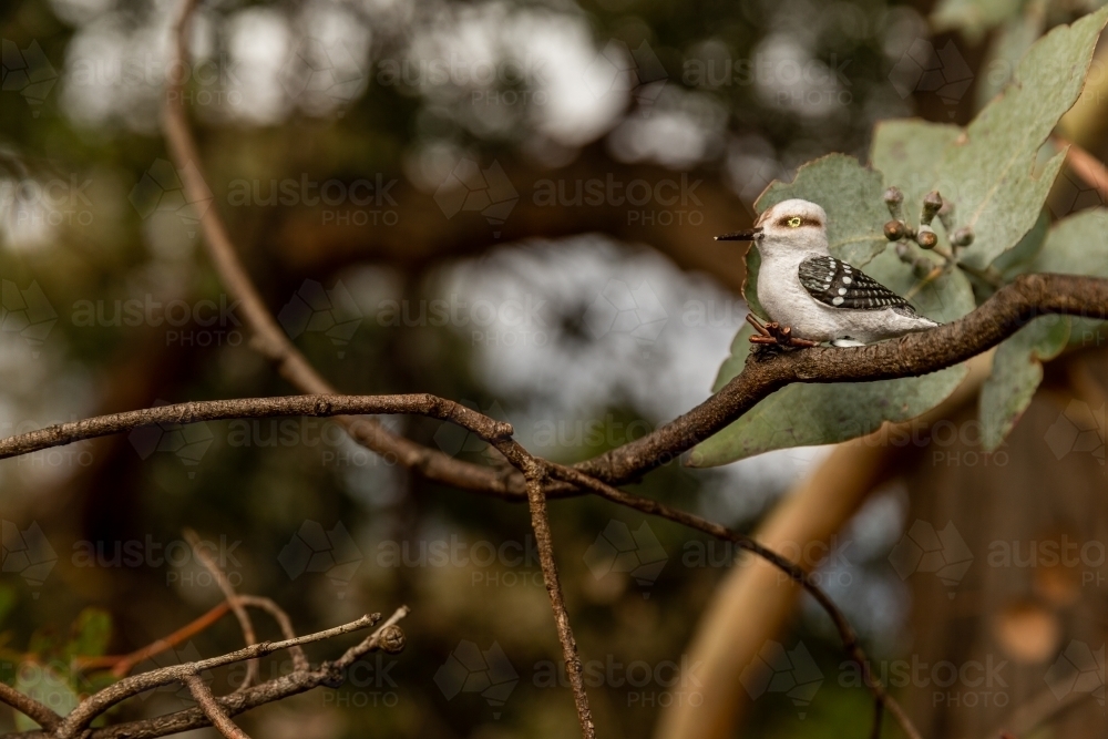 Small kookaburra model on bushland branch - Australian Stock Image