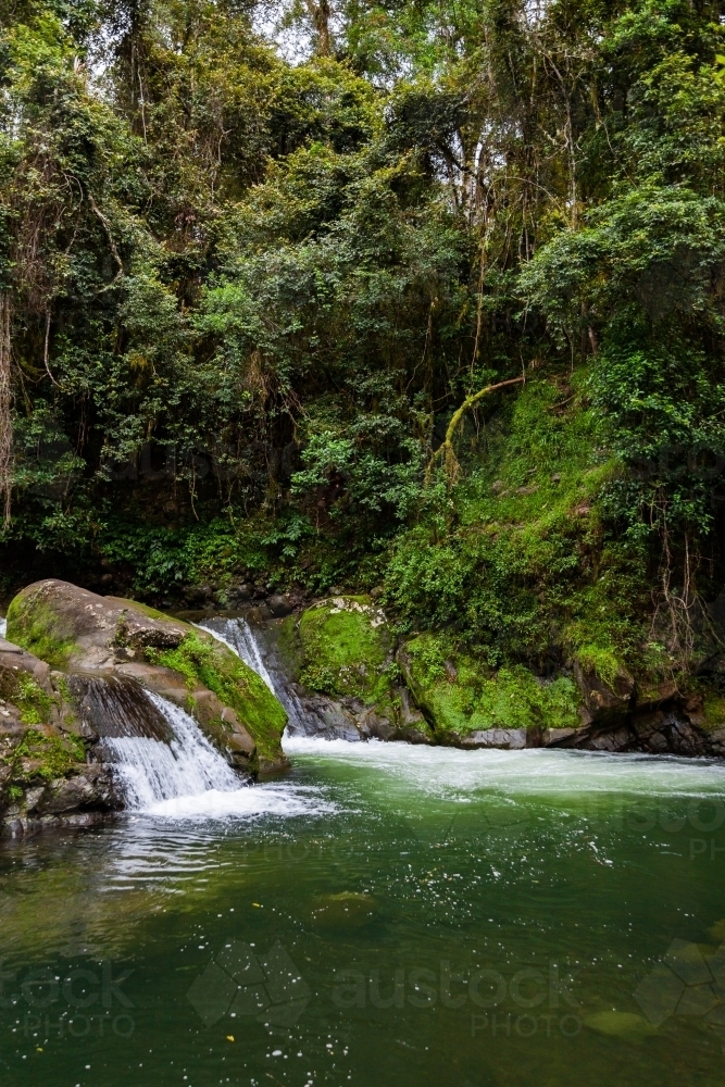 Small waterfall into tranquil green pool on Allyn River - Australian Stock Image