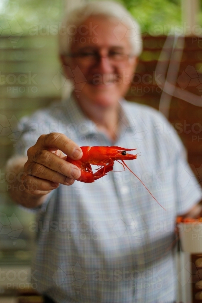 Smiling senior man holding prawn towards camera - Australian Stock Image