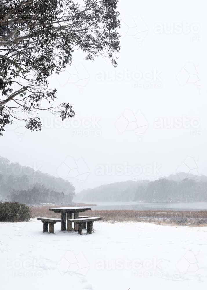 Snow covered picnic table - Australian Stock Image