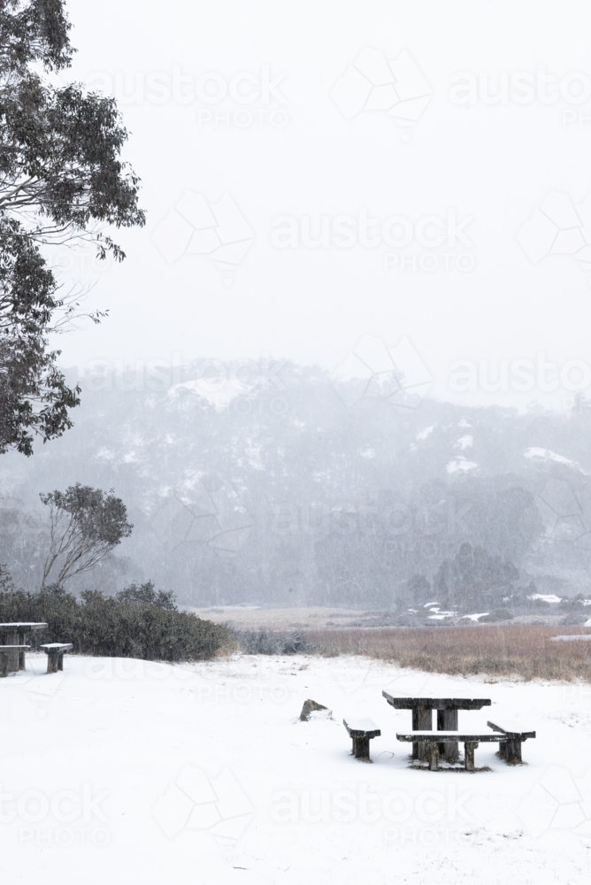 Snow covered picnic table - Australian Stock Image