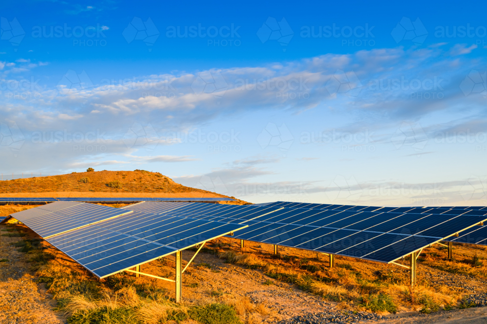 Solar panel farm at sunset located in South Australia - Australian Stock Image