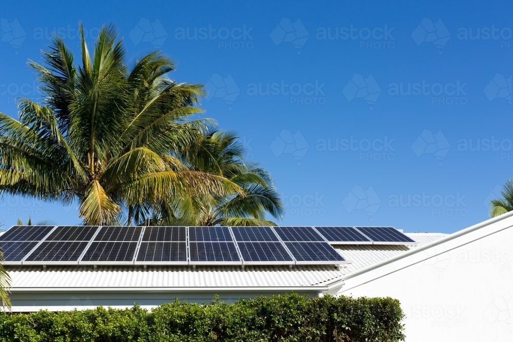 Solar panels on an Australian house at Noosa, Queensland - Australian Stock Image