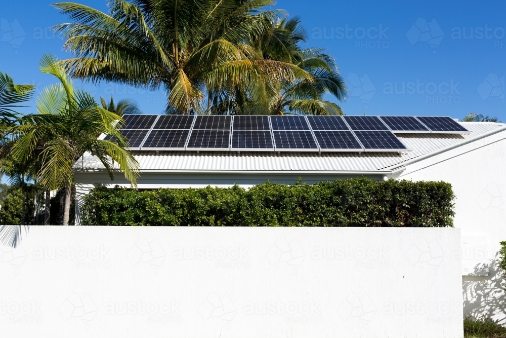 Solar panels on an Australian house at Noosa, Queensland - Australian Stock Image