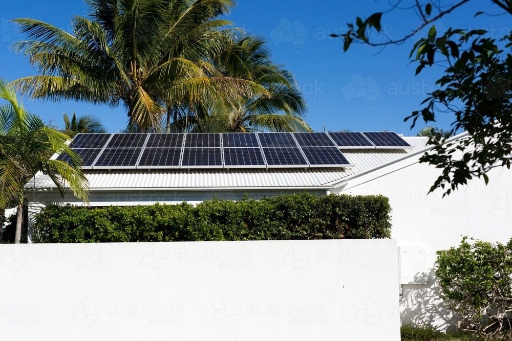 Solar panels on an Australian house at Noosa, Queensland - Australian Stock Image