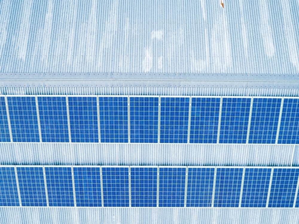 Image of Solar Panels on tin roof of farm shed viewed from above